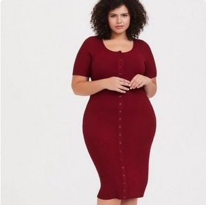 Torrid-Midi Rib Knit Snap Front Dress Brick Red 0X
